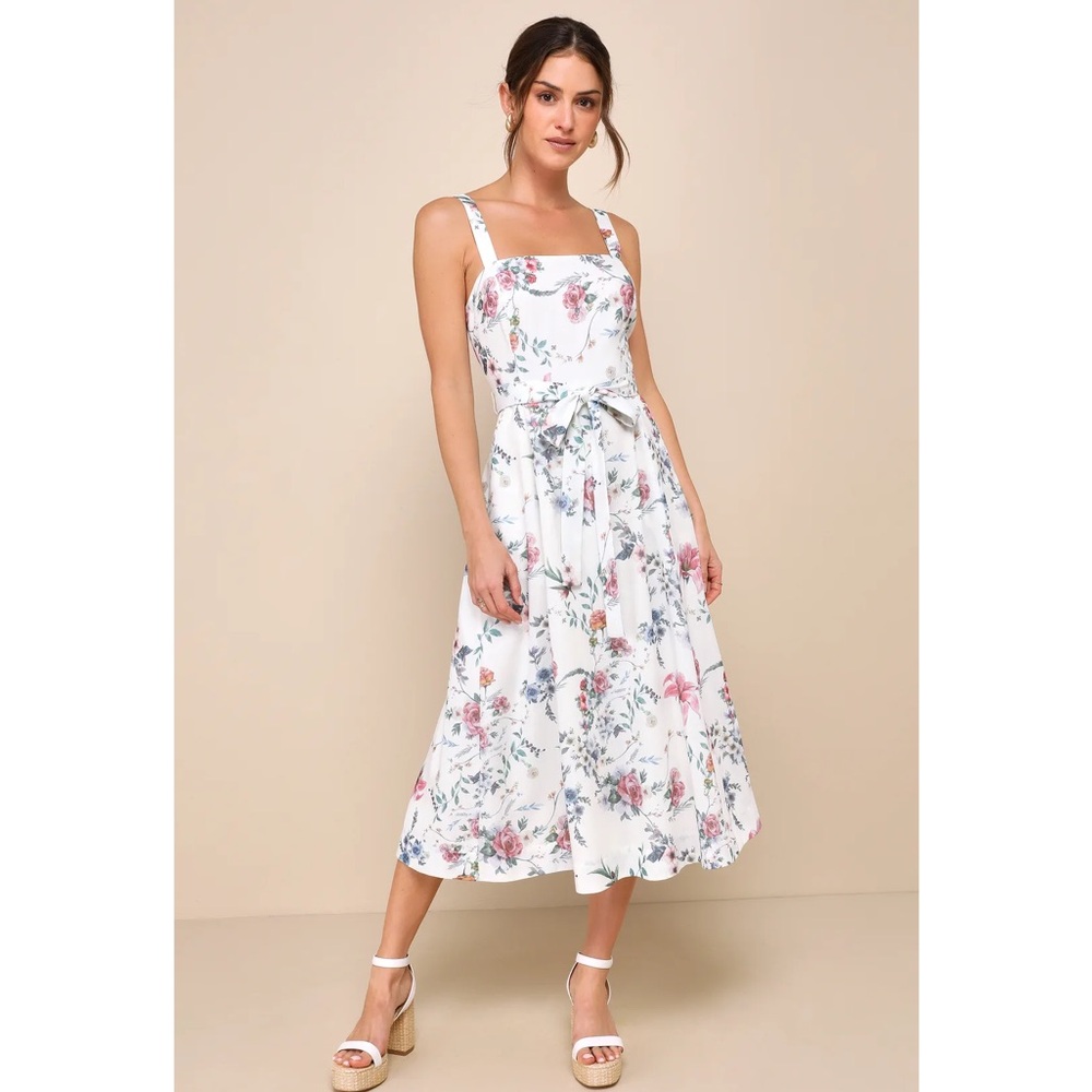 Lulus Sunny Posture Ivory Floral Sleeveless Midi Dress with Pockets NWT Medium